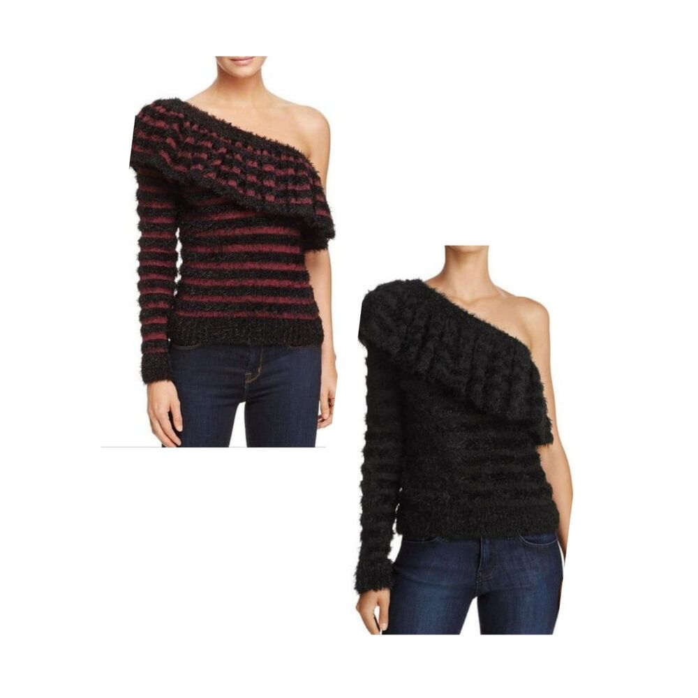 NWT 2 Piece Lot Wayf Johnie One Shoulder Ruffle Fuzzy Sweaters Medium